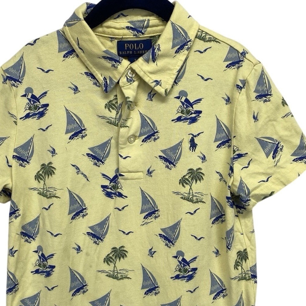 Polo Ralph Lauren Kids 7 Yellow Sailboat Palm Tree Print Short Sleeve Polo Shirt